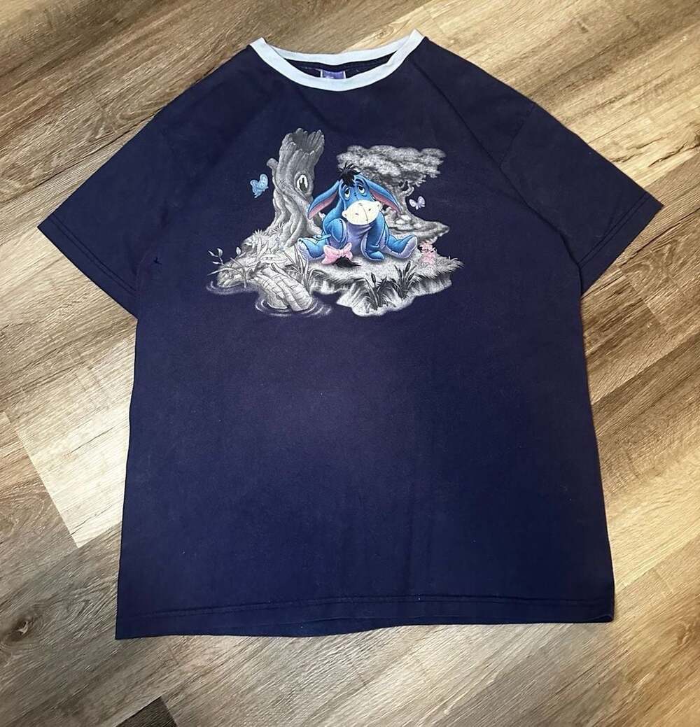 Vintage Disney Eeyore Graphic Ringer T-Shirt Navy Blue